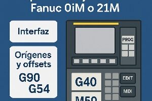 Infografía técnica que muestra los conceptos básicos que se deben aprender para trabajar con controles Fanuc 0iM y 21iM, como interfaz, G-codes, orígenes y offsets.