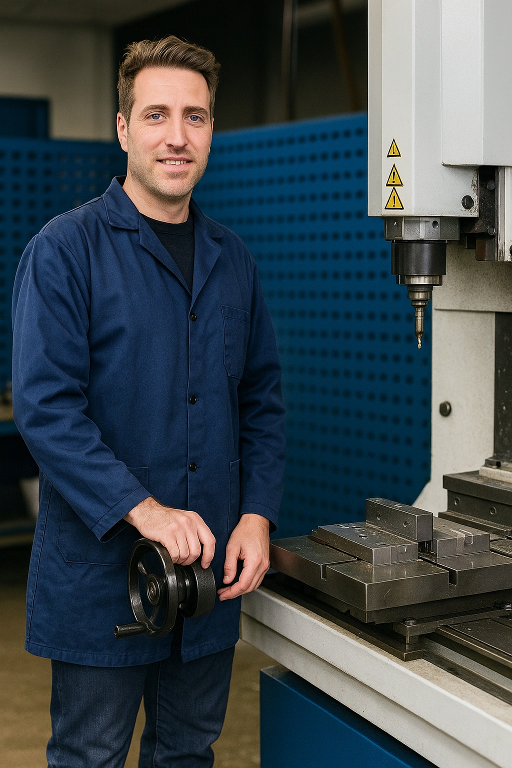 Foto profesional de David Sánchez con un fondo técnico temático de CNC, ideal para una página web sobre cursos de programación y diseño CNC.
