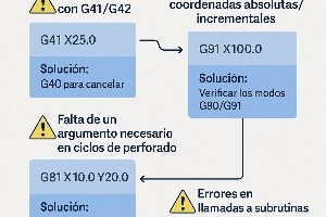 Infografía técnica que muestra los errores más comunes en controles Fanuc y cómo prevenir alarmas CNC, con ejemplos de código, causas y soluciones.