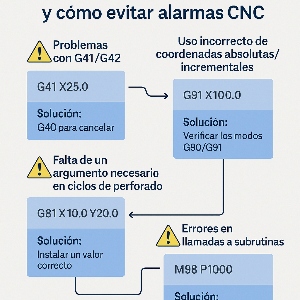 Infografía técnica que muestra los errores más comunes en controles Fanuc y cómo prevenir alarmas CNC, con ejemplos de código, causas y soluciones.