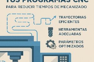 Infografía sobre cómo optimizar programas CNC mostrando estrategias para reducir tiempos de mecanizado mediante trayectorias eficientes, herramientas adecuadas y parámetros optimizados.