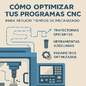 Infografía sobre cómo optimizar programas CNC mostrando estrategias para reducir tiempos de mecanizado mediante trayectorias eficientes, herramientas adecuadas y parámetros optimizados.