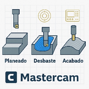 Infografía técnica que explica las operaciones de planeado, desbaste y acabado en Mastercam, con ejemplos visuales de trayectorias y tipos de mecanizado.