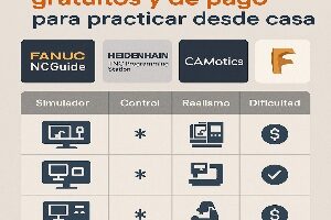 Infografía que compara los mejores simuladores CNC gratuitos y de pago, mostrando opciones como Fanuc NCGuide, Heidenhain TNC Programming Station, Swansoft y CAMotics.