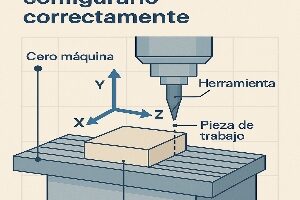 Infografía que explica el concepto del punto cero en CNC, mostrando la diferencia entre cero máquina y cero pieza, y cómo configurar correctamente G54–G59.