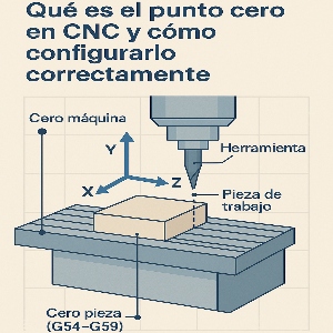 Infografía que explica el concepto del punto cero en CNC, mostrando la diferencia entre cero máquina y cero pieza, y cómo configurar correctamente G54–G59.