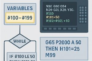 Infografía técnica que explica la programación paramétrica en Fanuc con Macro B, mostrando variables (#100–#199), bucles WHILE, condiciones IF y ejemplos prácticos.