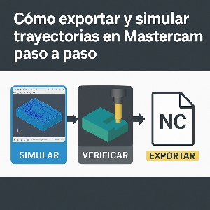 Infografía técnica que muestra el proceso de exportar y simular trayectorias en Mastercam, con ejemplos visuales de Verify, Stock Models y postprocesado CNC.