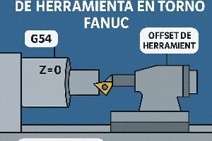 Infografía técnica que muestra cómo configurar el cero pieza y la altura de herramienta en un torno Fanuc con ejemplos visuales de G54, Z=0 y corte de prueba.