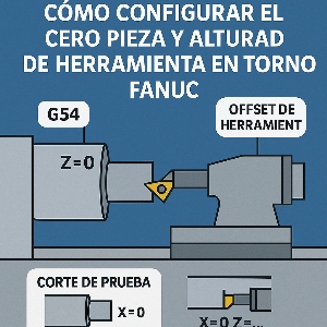 Infografía técnica que muestra cómo configurar el cero pieza y la altura de herramienta en un torno Fanuc con ejemplos visuales de G54, Z=0 y corte de prueba.