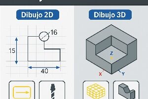 Infografía técnica que compara el dibujo 2D y 3D en Mastercam, mostrando las diferencias entre geometrías planas, superficies y sólidos, con ejemplos visuales.