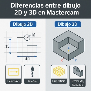 Infografía técnica que compara el dibujo 2D y 3D en Mastercam, mostrando las diferencias entre geometrías planas, superficies y sólidos, con ejemplos visuales.