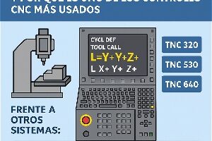 Infografía técnica que explica qué es Heidenhain, mostrando su interfaz conversacional, los controles TNC 320, 530 y 640, y las ventajas frente a otros sistemas CNC.