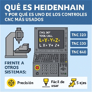Infografía técnica que explica qué es Heidenhain, mostrando su interfaz conversacional, los controles TNC 320, 530 y 640, y las ventajas frente a otros sistemas CNC.