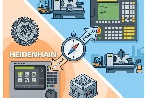 Comparativa entre controles CNC Heidenhain y Fanuc, mostrando dos paneles de control lado a lado