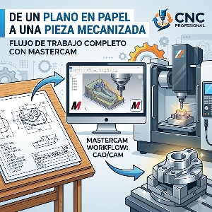 Flujo de trabajo completo con Mastercam: desde el plano en papel hasta la pieza mecanizada, pasando por diseño CAD, trayectorias y simulación