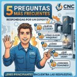 Principiante frente a un panel de control CNC con signos de interrogación, representando las dudas más comunes al empezar en programación CNC