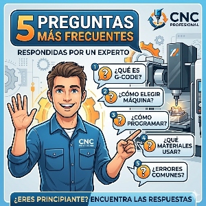 Principiante frente a un panel de control CNC con signos de interrogación, representando las dudas más comunes al empezar en programación CNC
